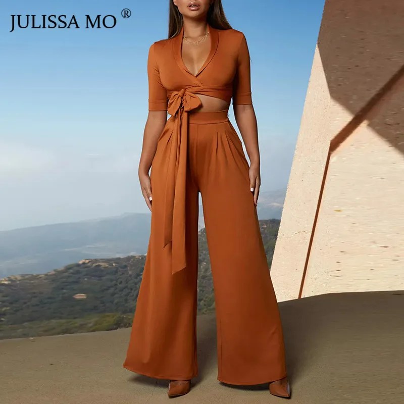 Julissa mo, 2 предмета, сексуальный бандажный комбинезон с v-образным вырезом, Женский комплект,, Осенний повседневный комбинезон с длинным рукавом и широкими штанинами, Комбинезоны
