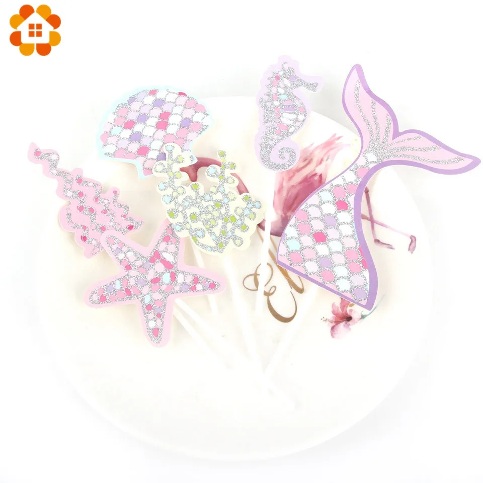 7Set/Lot Birthday Cake Toppers Cute Glisten Mermaid Theme Party Cupcake Decoration Tail Sequins Pearl Fashion Supplies | Дом и сад