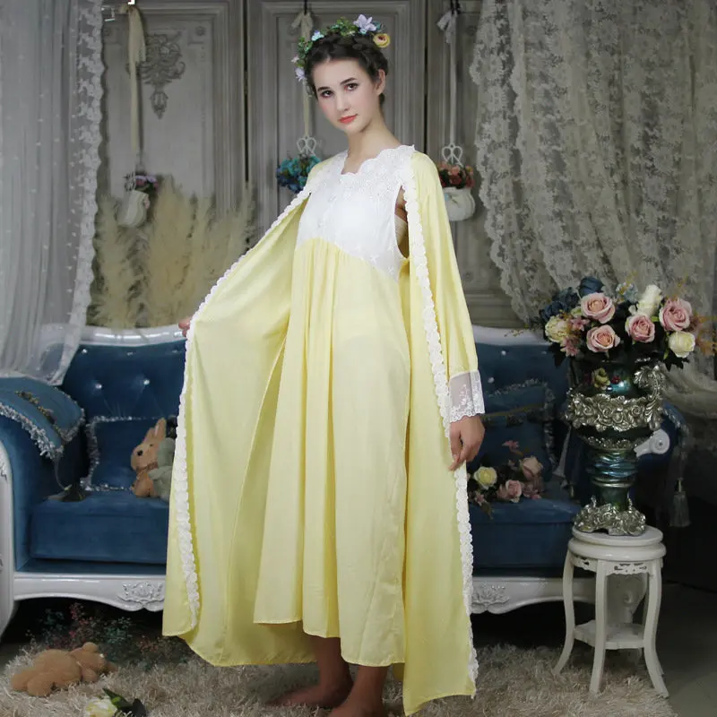 

New Arrival Princess Bathrobe + Nightdress Two-Piece Robes Sets Sweet Lace Embroidery Long Sleepwear Female Long-Sleeve BL018