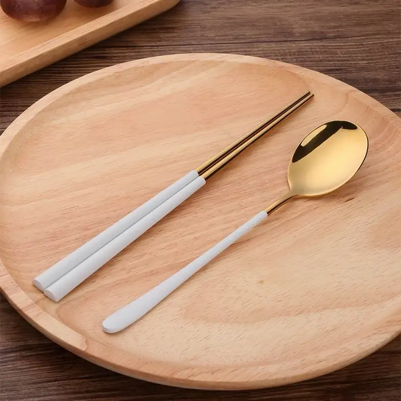 2 White Gold Set 304 корейские палочки из нержавеющей стали набор ложек многоразовые черные белые Хаши палочки для суши кухонные аксессуары - Цвет: 2 White Gold Set