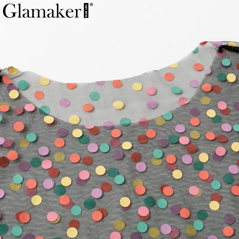Glamaker костюм из двух частей в горошек сексуальное платье женское прозрачное желтое облегающее платье vestidos элегантное укороченное Сетчатое платье с высокой талией для вечеринок