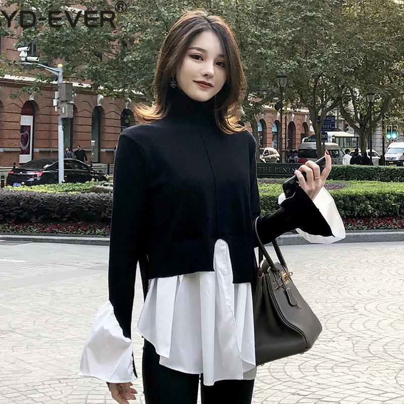 Fake 2 piece Women Sweater Shirts 2019 Spring Turtleneck Flare Sleeve Knitted Pullovers Patchwork White Blouse Irregular Top | Женская