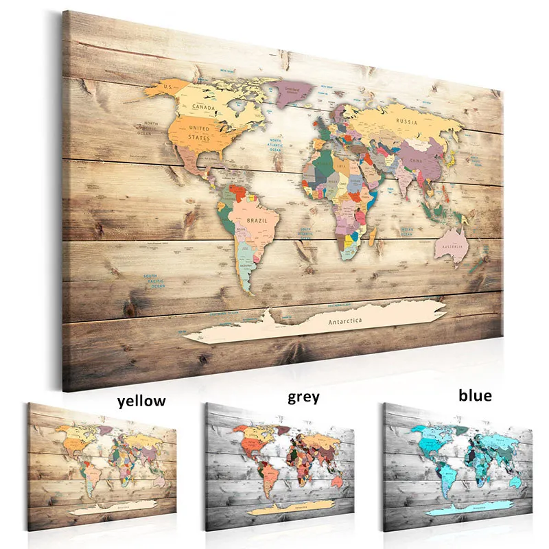 

Wood Grain Wall Art Classical Canvas Painting World Map Posters and Prints Pictures for Bedroom Living Room Decoration Frameless