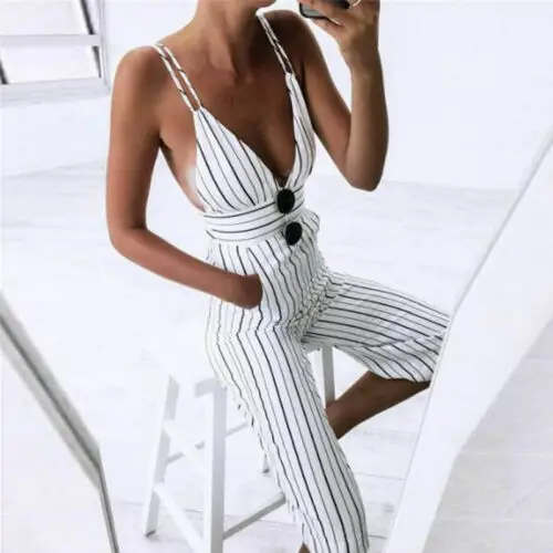 

Women Striped Clubwear V Neck Playsuit Bodycon Party Jumpsuit&Romper Trousers