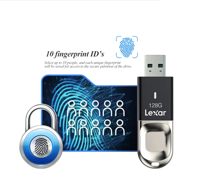 Lexar JumpDrive отпечатков пальцев F35 флеш-накопитель USB 3,0 32 ГБ, 10, определение отпечатка пальца ID флеш-накопитель 128 ГБ до 150 МБ/с. флэш-накопитель