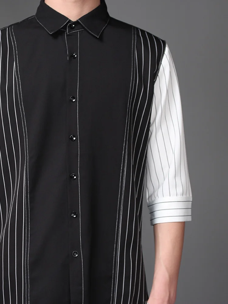 

M-2XL!!2019 summer men's striped shirt hipster black and white patchwork casual five - point sleeve slim shirt