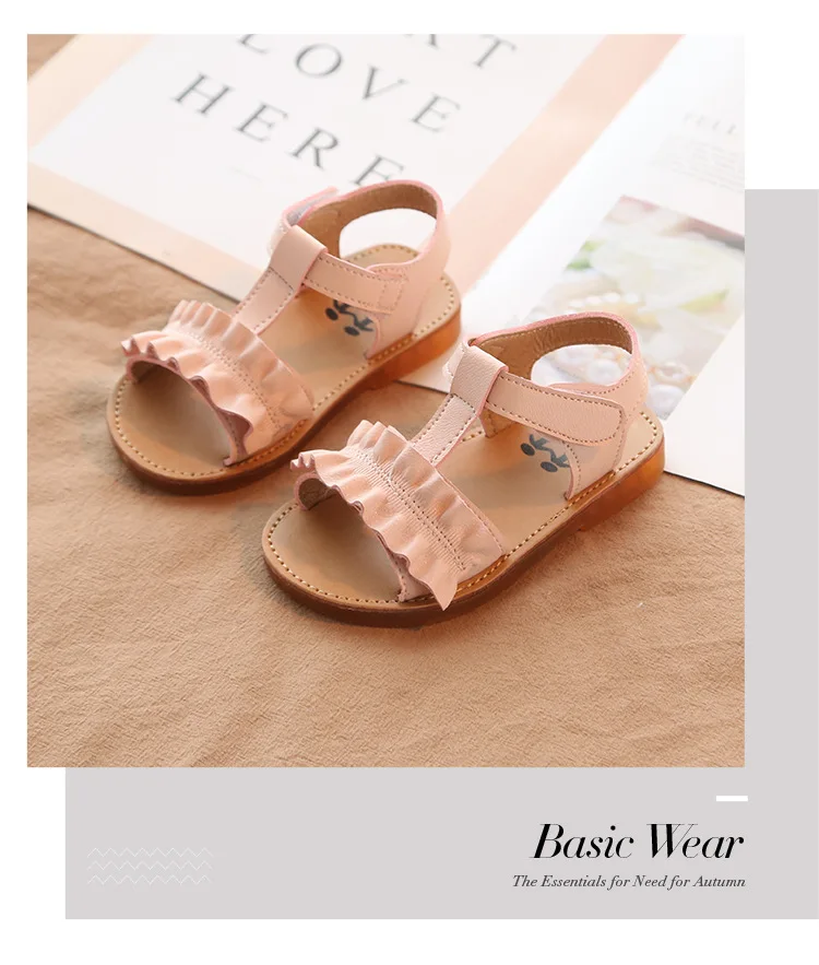 Детские сандалии модные кожаные летние для девочек обувь принцессы с оборками