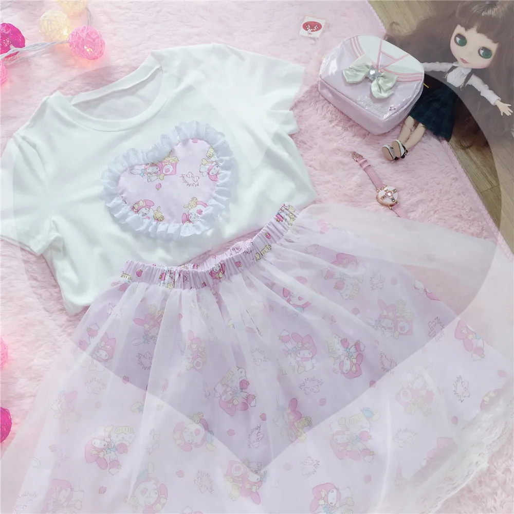 Летний женский комплект из 2 предметов с принтом «Супер крой» и надписью «My Melody»: топы с короткими рукавами, кружевная футболка с принтом «любовь»+ Пышная юбка в сеточку - Цвет: one set