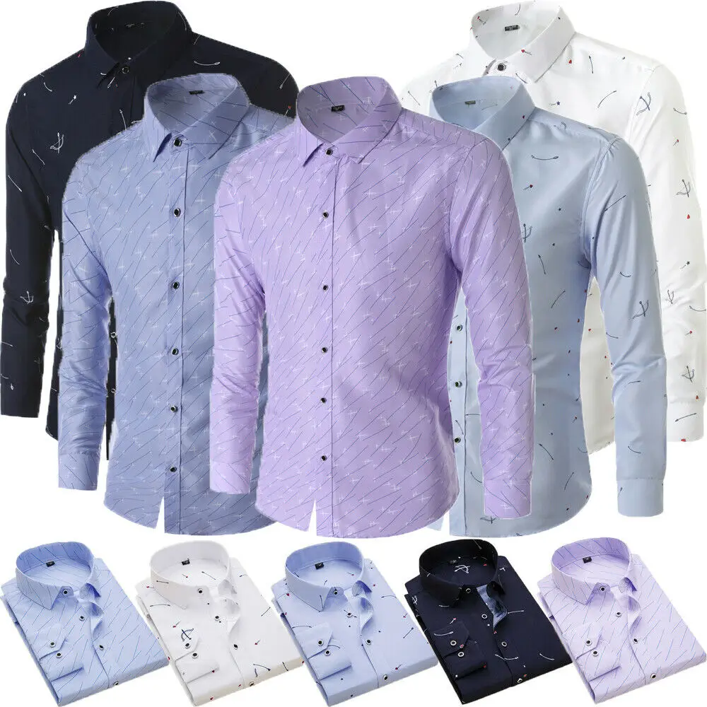 Мужская рубашка с длинным рукавом облегающая Повседневная принтом