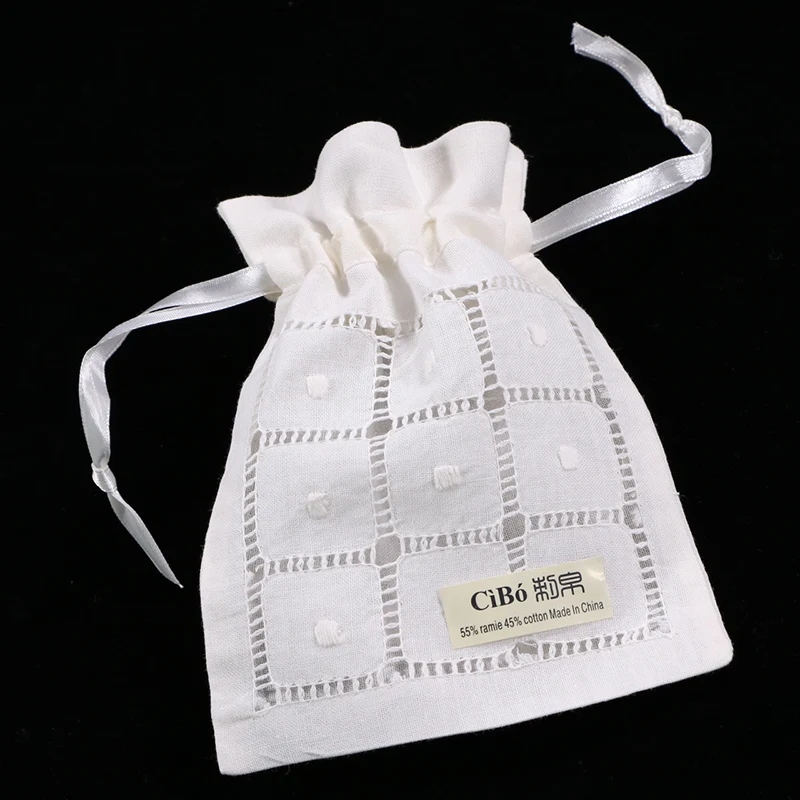 

B008-W : white ramie/cotton drawstring hand drawn thread embroidery gift bags 12pieces/pack 5x7 inches sachet bags, travel pouch