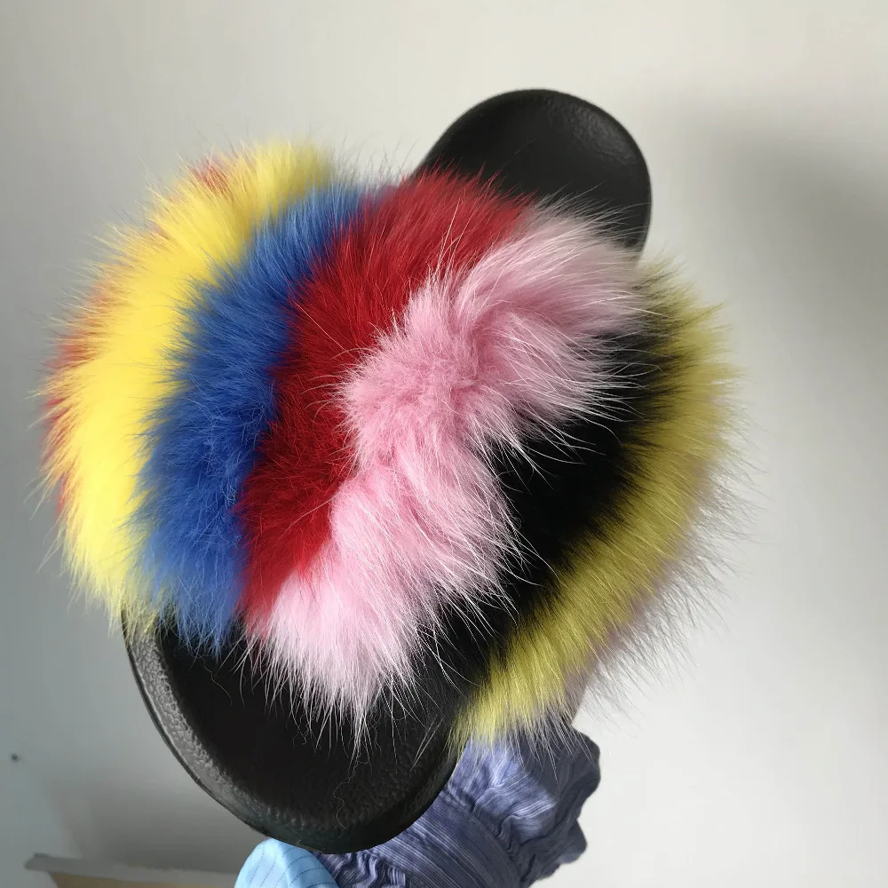 FunFur-100% натуральный мех лисы шлепанцы без задника цвет радуги Домашние уличные