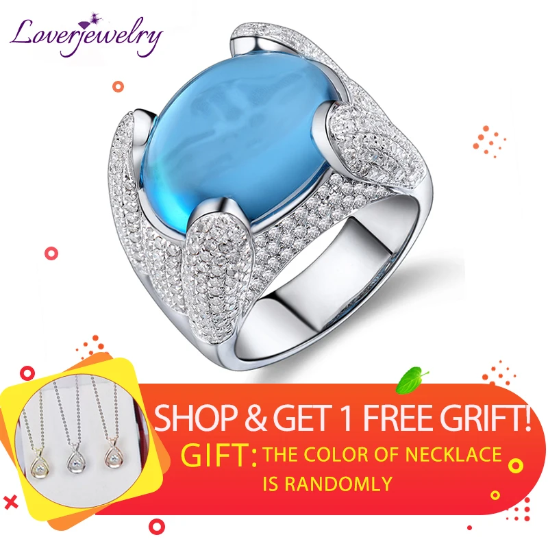 Loverjewelry Супер Винтаж унисекс кольца овальные 19x25 мм Твердые 14 к белое золото темно-синий Натуральный топаз драгоценный камень кольцо ювелирные украшения