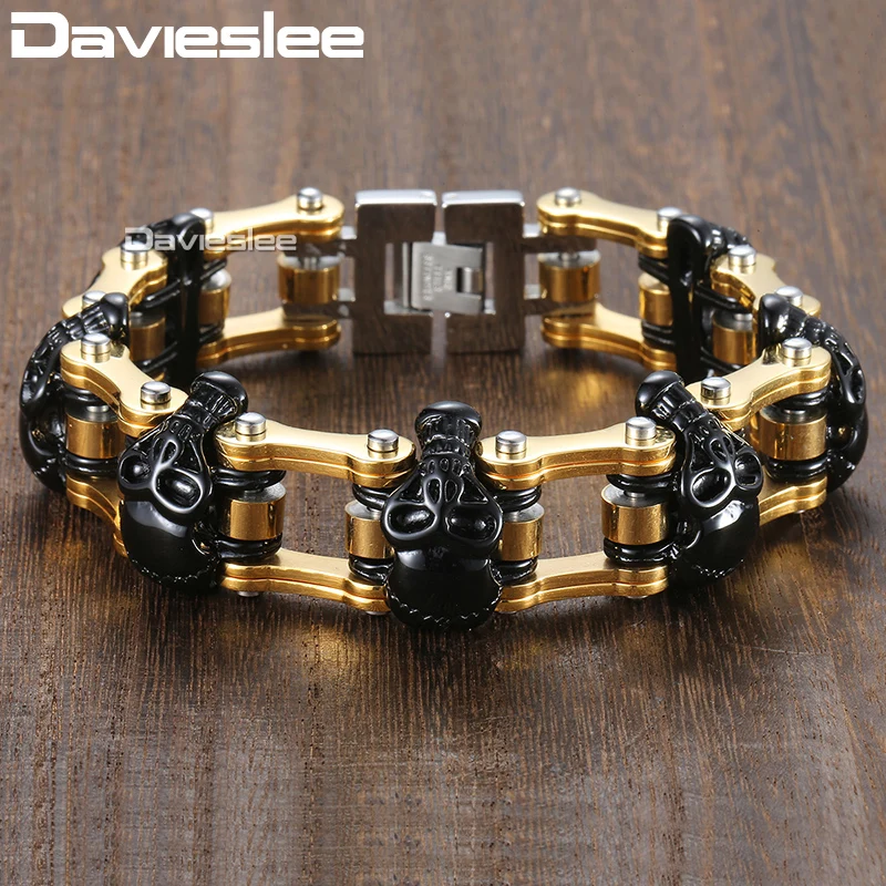 Браслет Davieslee с черными черепами для Мужчин Ювелирные изделия Золотая