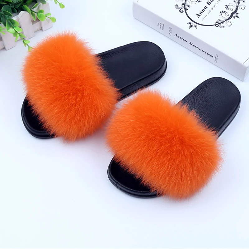 Новые женские лиса Мех животных Шлёпанцы для женщин пушистый волосы плоской