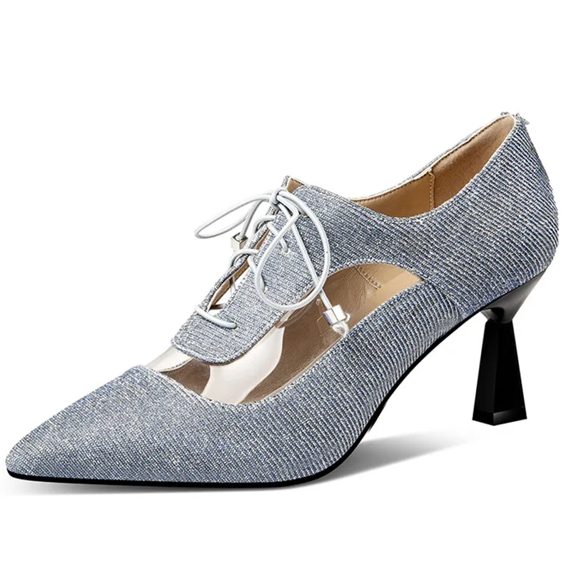 ISNOM Unusual Heels High Pumps Women Pointed Toe Lace Up Footwear Fashion Pvc Party Sequined Shoes Female Bling Shoes Woman - Цвет: Серебристый