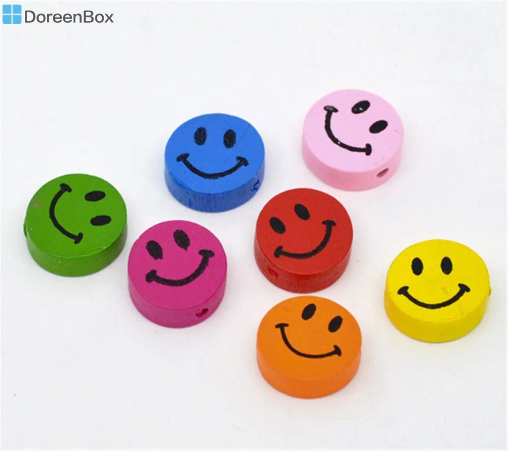Doreen Box hot 100 Смешанные многоцветные милые бусины из дерева со смайликом 16x16 мм
