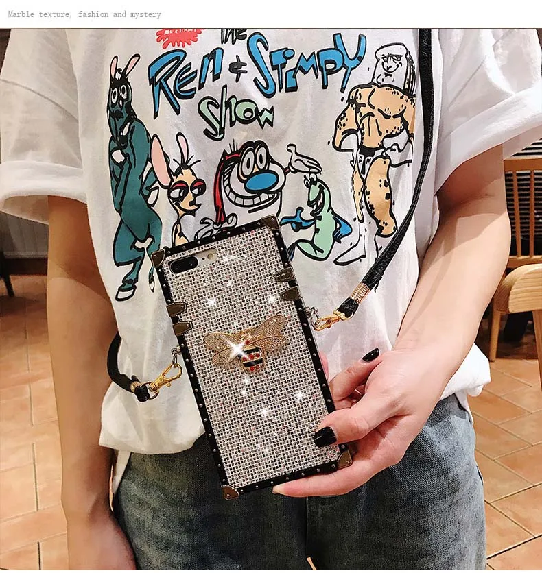 Блестящий чехол с ремешком через плечо для iPhone XS Max XR X, роскошный блестящий чехол для телефона с бриллиантами для iPhone 6S 7 8 Plus, чехол для девочки - Цвет: 4