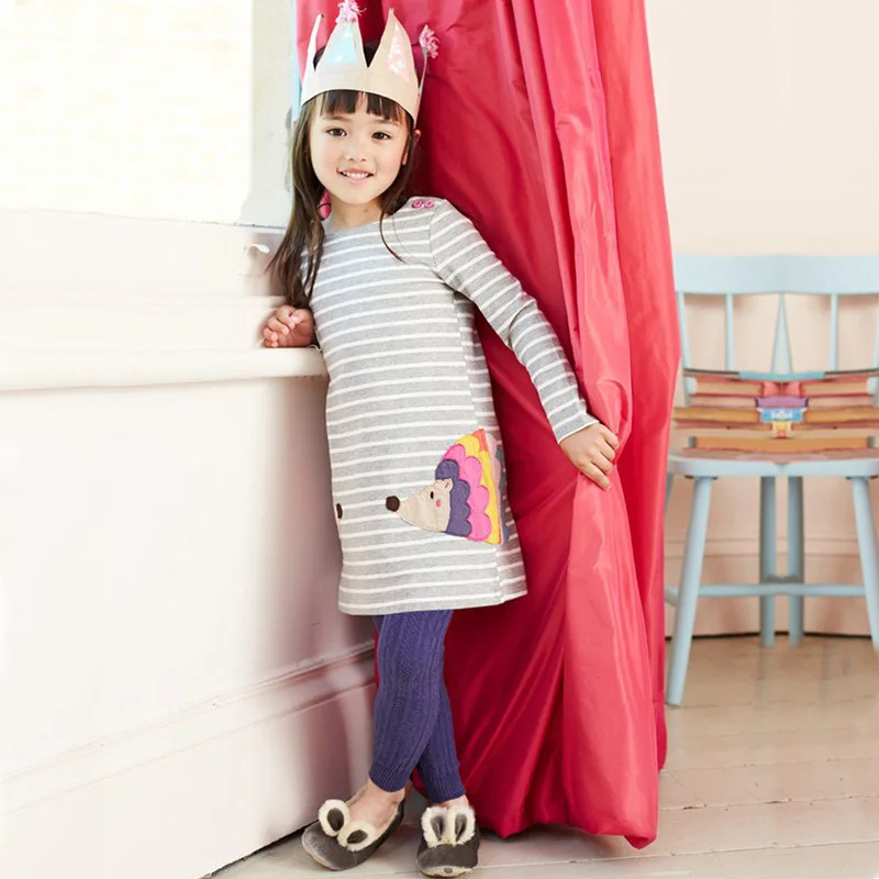 2-7 Years Little Girls Dresses Animals Appliques Pattern Long Sleeve Spring Autumn Clothes Kids Girl Stripe A Line Dress | Детская