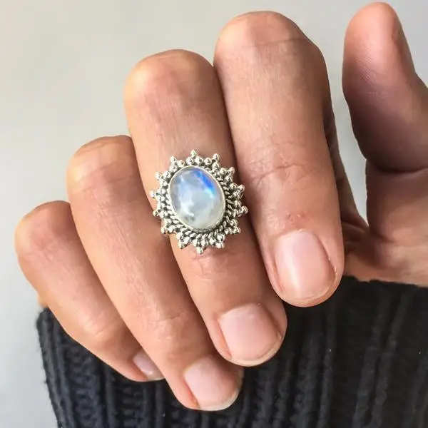 Classic silver color Inlaid Moonstone Ring for women European and American Vintage Retro Thai Silver Jewelry Accessories | Украшения и