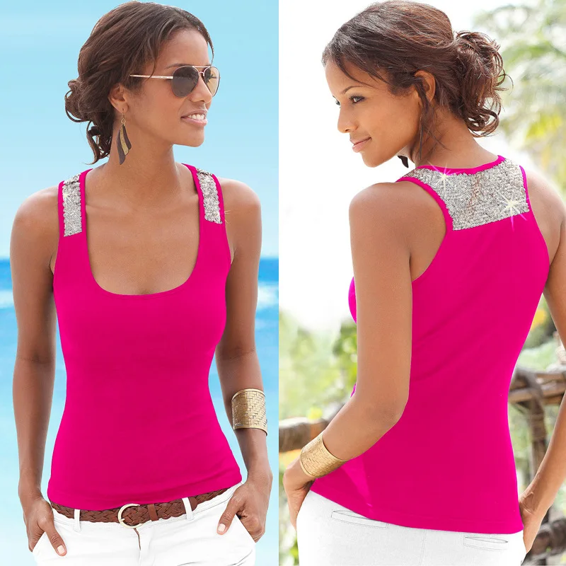 Горячая 2019 Лето Уличная Для женщин бретели топы пайетки шить площади рубашка без