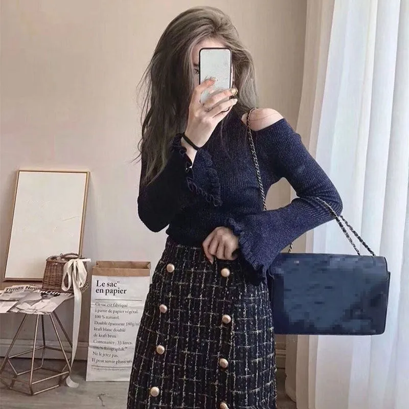 Новый осенне зимний вязаный свитер и твидовая юбка комплекты из двух предметов