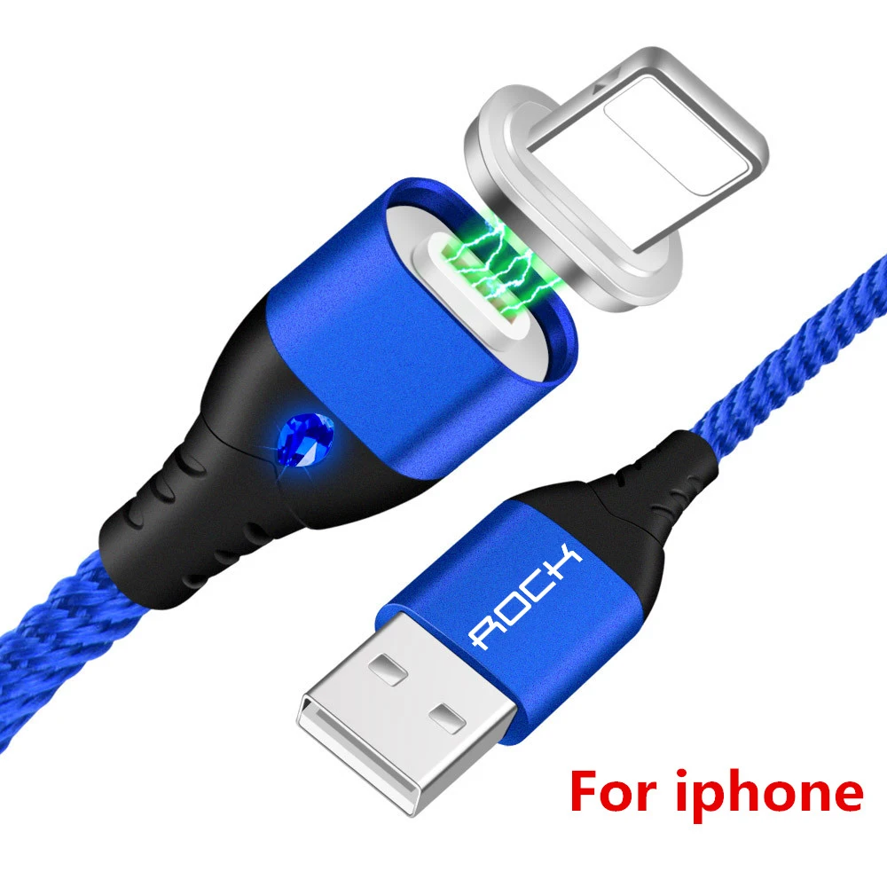 Blue For iPhone Магнитный usb-кабель ROCK 5A для быстрой зарядки, кабель USB type C, кабель для микроосвещения для iPhone, samsung, Xiaomi, универсальный usb-шнур - Цвет: Blue For iPhone