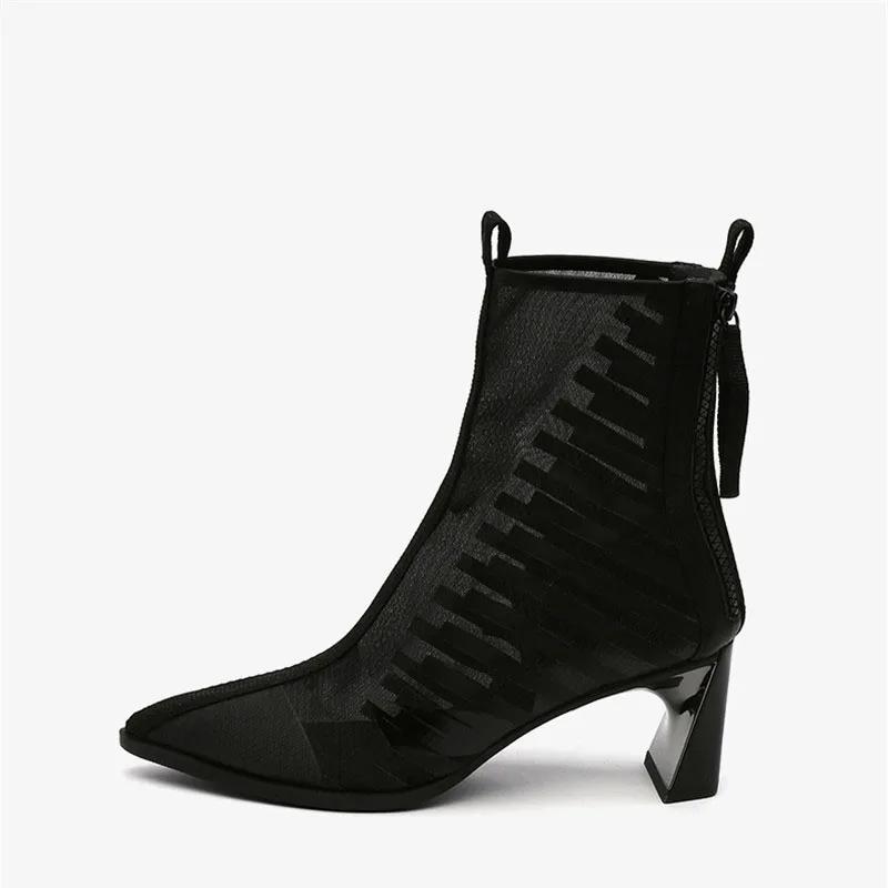 Summer Boots Breathable Mesh Pointed Toe Short Booties Fashion Women Pumps 6 cm High Heels Spring White Black HL143 MUYISEXI