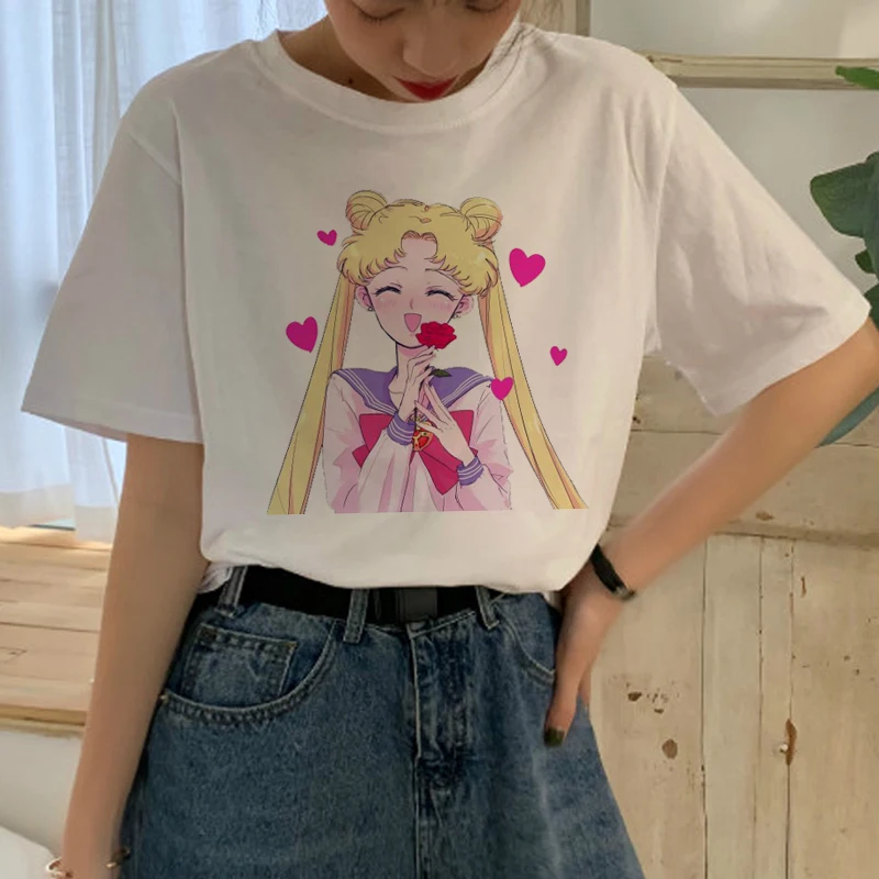 Сейлор Мун Harajuku футболка для женщин Ullzang принт с героями мультфильмов Kawaii