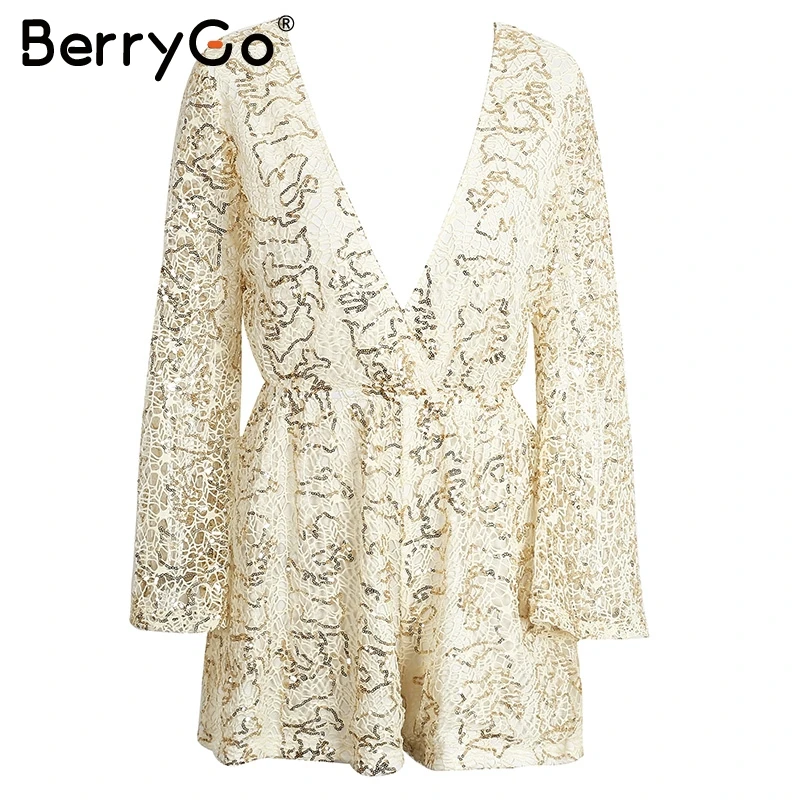BerryGo сексуальный кружевной комбинезон с золотыми блестками для женщин открытые