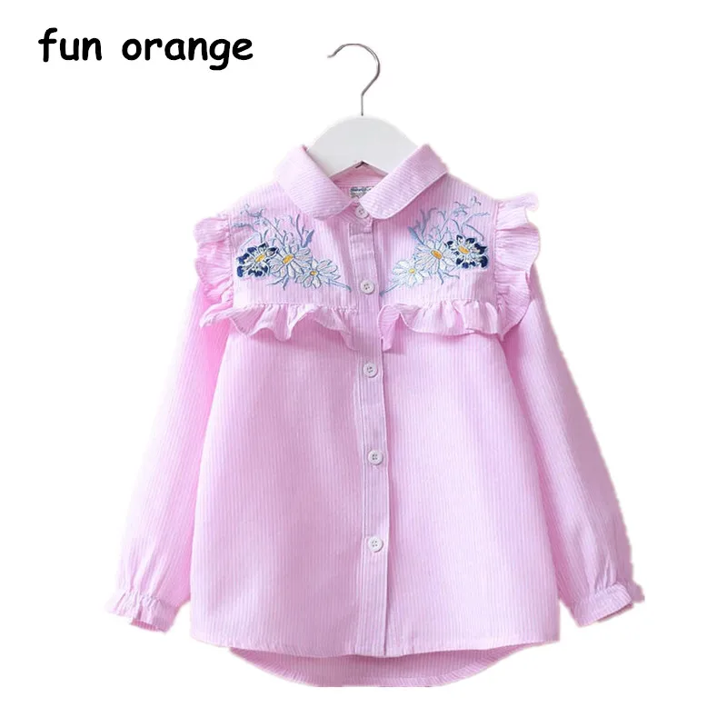 Забавные оранжевые рубашки с вышивкой для девочек блузка в полоску длинными
