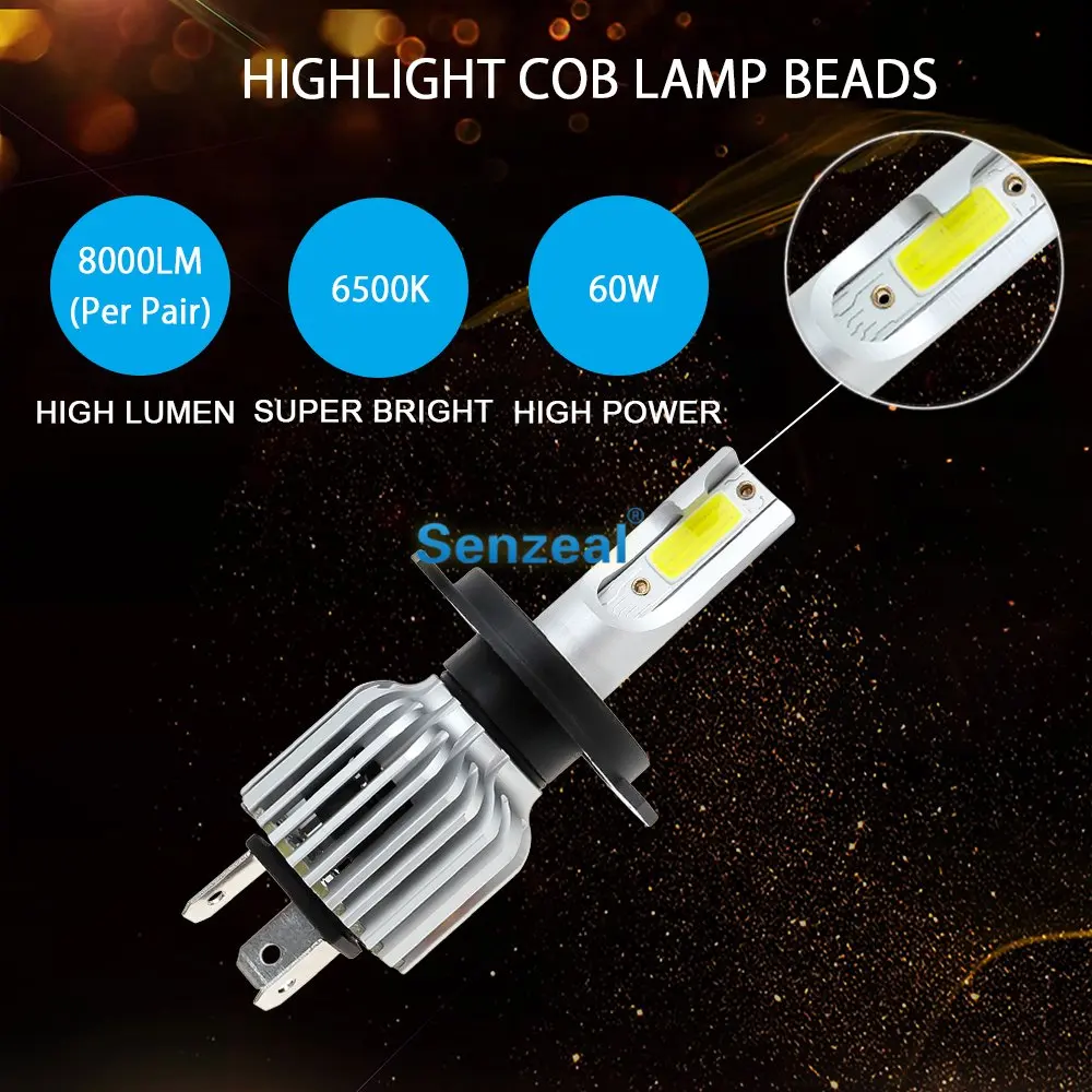 Senzeal 2 шт. супер яркий H4 светодиодный лампы для фар 60 Вт 8000LM 6500 к COB чипы
