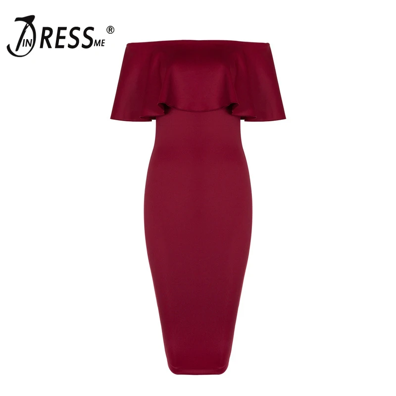 Женское платье с открытыми плечами INDRESSME летнее облегающее красное оборками и