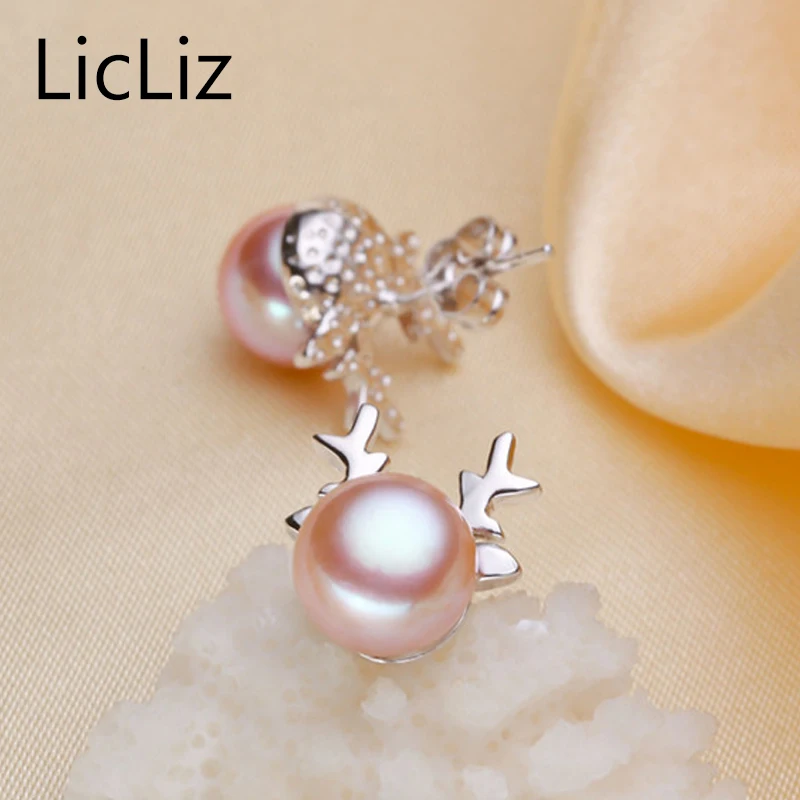 LicLiz Freshwater Pearl Deer Earrings Women Christmas Gift Natural Stone Stud 925 Silver Animal Earing Studs LAE0039 Украшения и