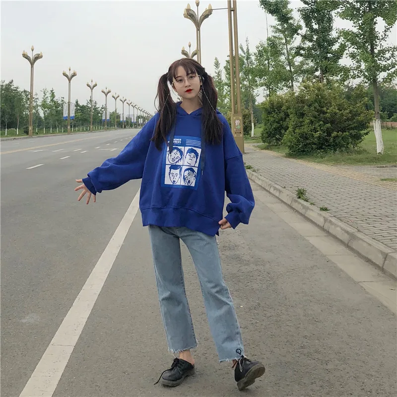 Женские толстовки с капюшоном и принтом Harajuku, свободные пуловеры с длинными рукавами, женские модные свитеры в Корейском стиле, модные свитеры