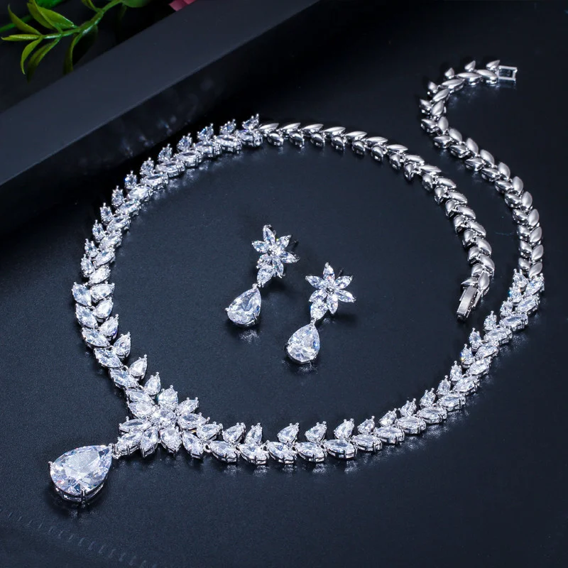 

ThreeGraces Elegant White Cubic Zirconia Big Water Drop Earrings and Necklace Bridal Wedding Party Jewelry Set for Brides TZ531
