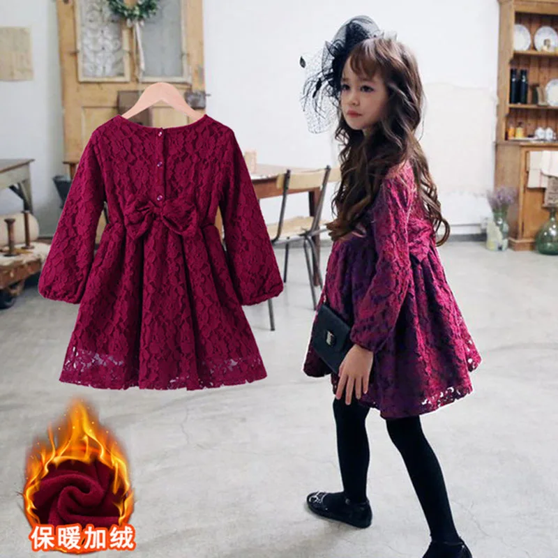 Wine red winter Платье для девочек, кружевное рождественское платье с большим бантом, детские платья винного цвета для девочек, костюм, одежда для маленьких девочек 3, 4, 5, 6, 7, 8 От 9 до 10 лет - Цвет: Wine red winter