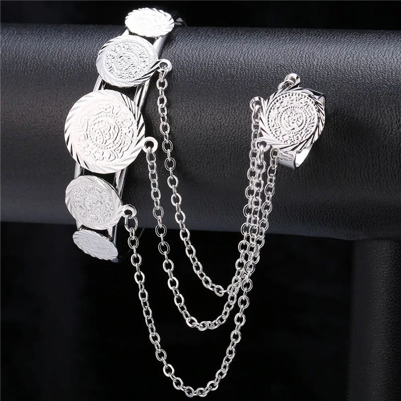 Монета кольцо с цепочкой на руку браслет набор для мужчин и женщин Серебряный