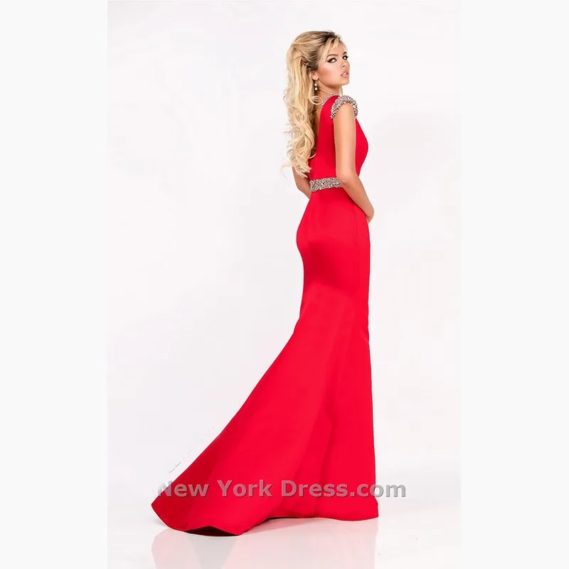 Elegant Cap Sleeves With Crystals Scoop Neck Navy Blue Red Mermaid Evening Dresses Open Back Sweep Train Vestidos De Soiree | Свадьбы и
