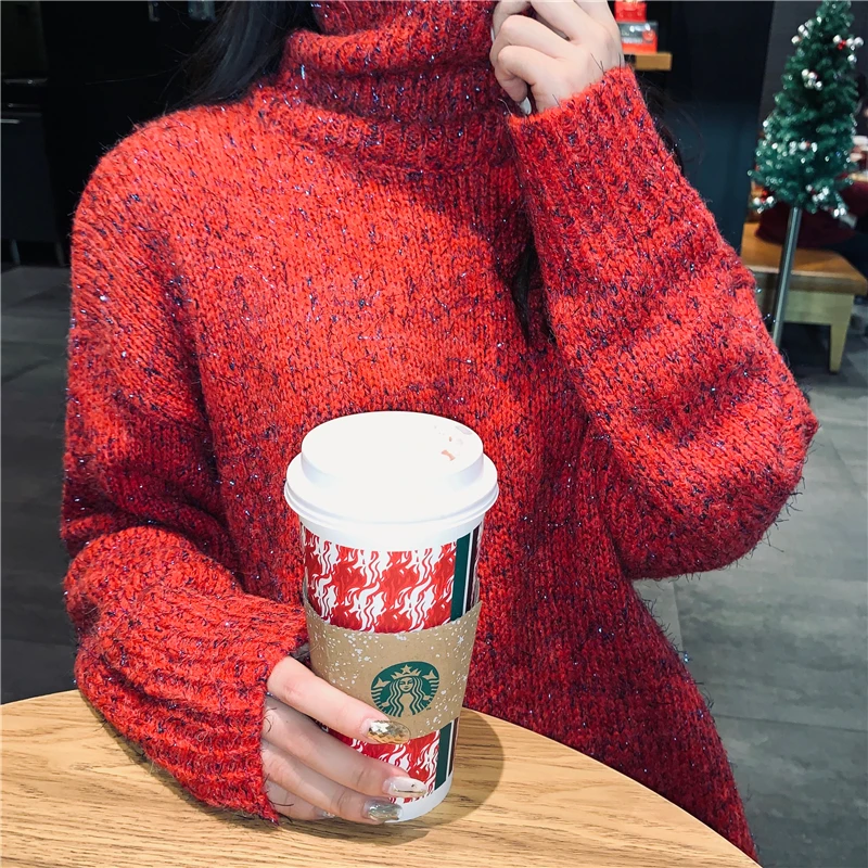 Sweater autumn and winter women's new fashion wild red turtleneck sweater female loose hood long tops | Женская одежда