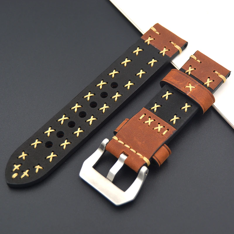 Ремешок кожаный для наручных часов толстый мужской браслет с серебристой