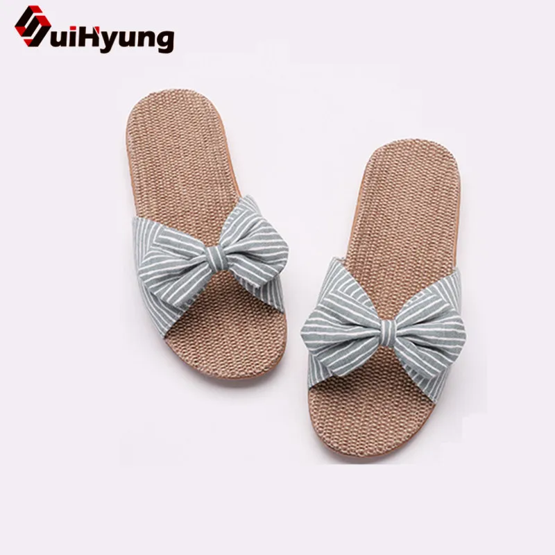 Suihyung/Женские Летние Повседневные Удобные льняные шлепанцы; льняные сланцы в полоску с бантом; сандалии на платформе; женская домашняя обувь