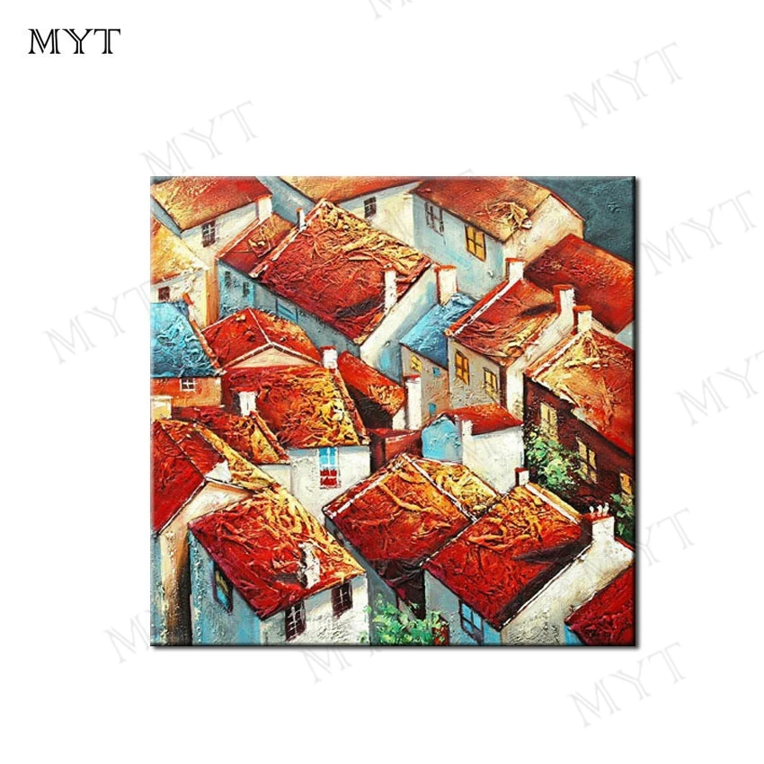 

MYT Unframed Red Tile House Has Unique scenery Handmade Abstract Modern Wall Art Oil Painting Canvas Home Wall Decor For Room