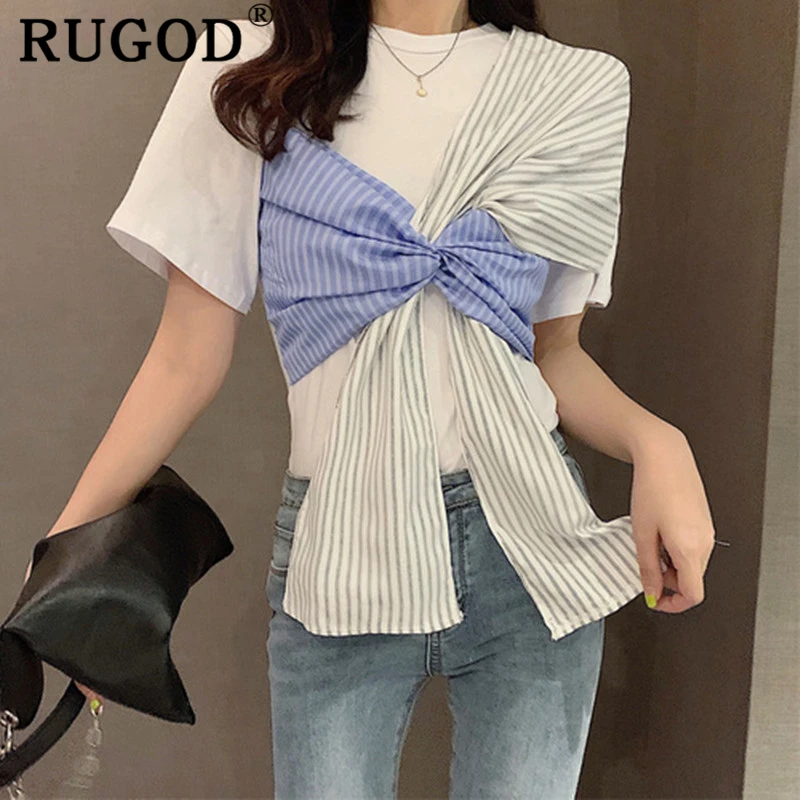 

RUGOD Лоскутные свободные женские футболки с круглым вырезом и короткими рукавами Harajuku стиль Повседневная Уличная мода футболки и топы modis ...