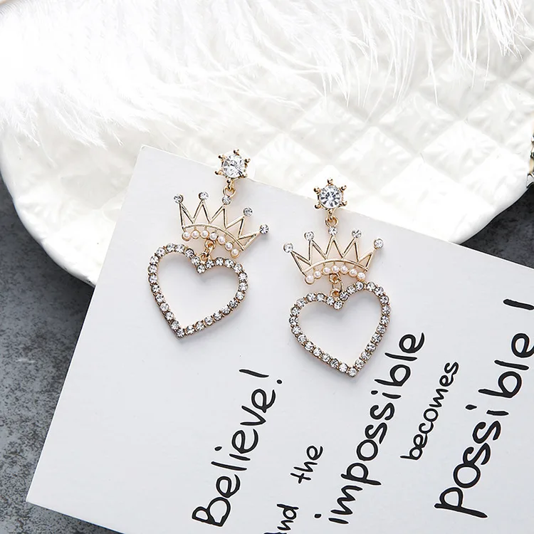 MENGJIQIAO Romantic Crystal Crown Love Heart Dangle Earrings Women Fashion Accessories Rhinestone Pendientes Lovely Gift | Украшения и