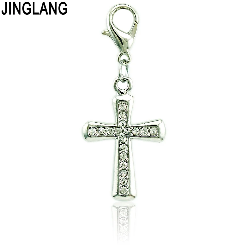 

JINGLANG Wholesale Lobster Clasp Charms White Rhinestone Cross Pendants DIY Charms For Jewelry Making Accessories Free Shipping