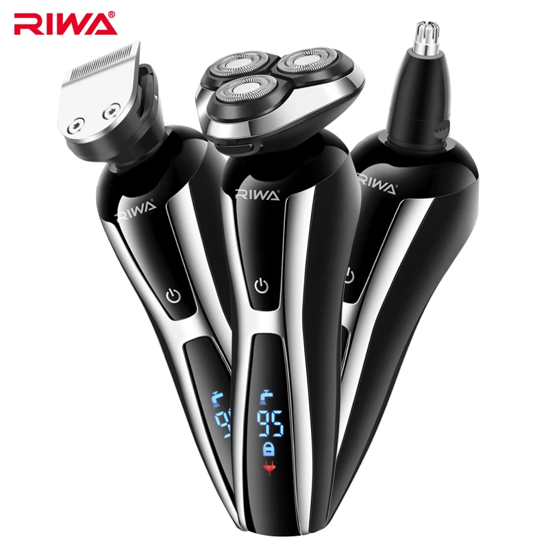 RIWA-Afeitadora eléctrica rotativa 3 en 1 para hombres, máquina de afeitar con Triple hoja, lavable, recargable, recortadora de nariz, pantalla LCD