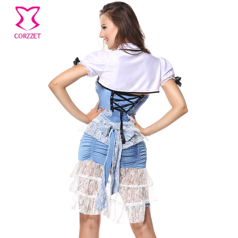 Синий и белый взрослый карнавальный костюм Алисы в стране Wonderland для вечеринок