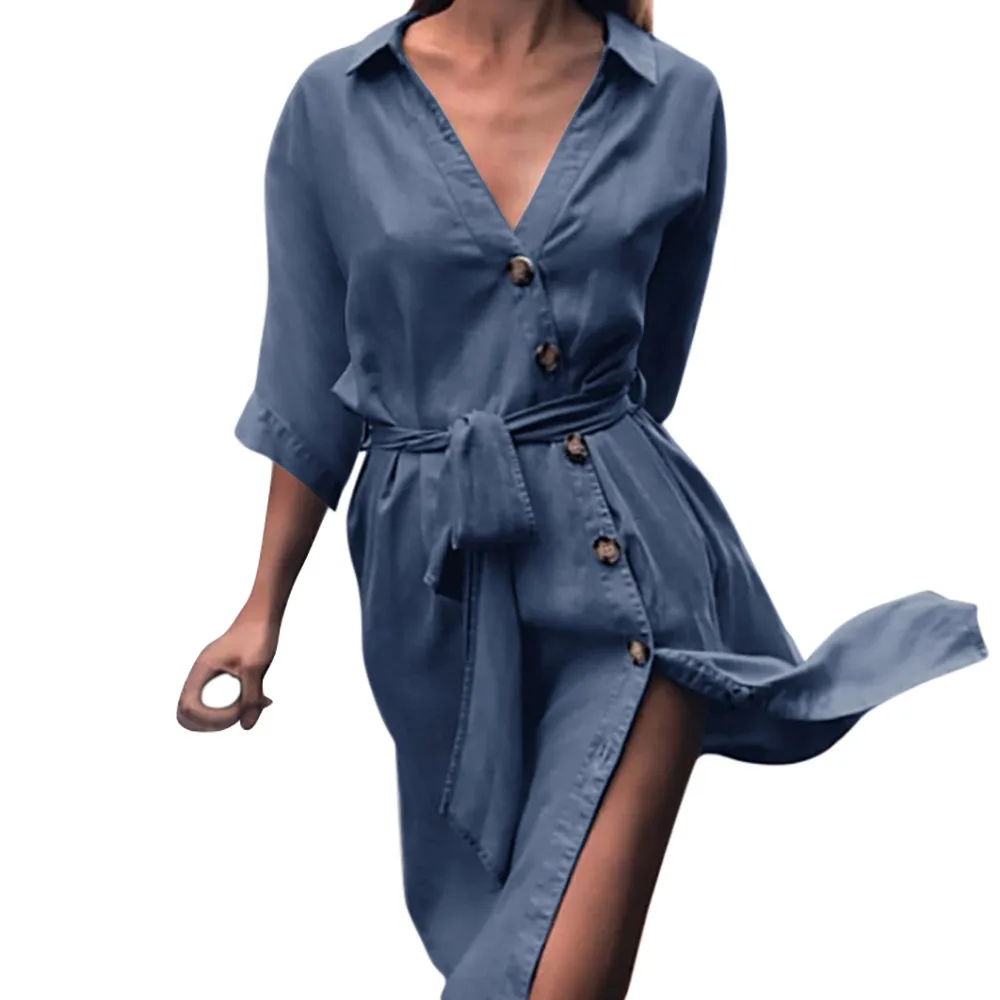 2018 Elegant Dress Sexy V-Neck Middle Sleeve Button Lace-Up Shift Bandage Cowboy Vestido Women | Женская одежда