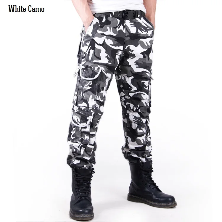 White Camo Мужские повседневные тактические камуфляжные брюки-карго с камуфляжным рисунком, армейские брюки, модные хлопковые рабочие Модные Военные Брюки с карманами - Цвет: White Camo
