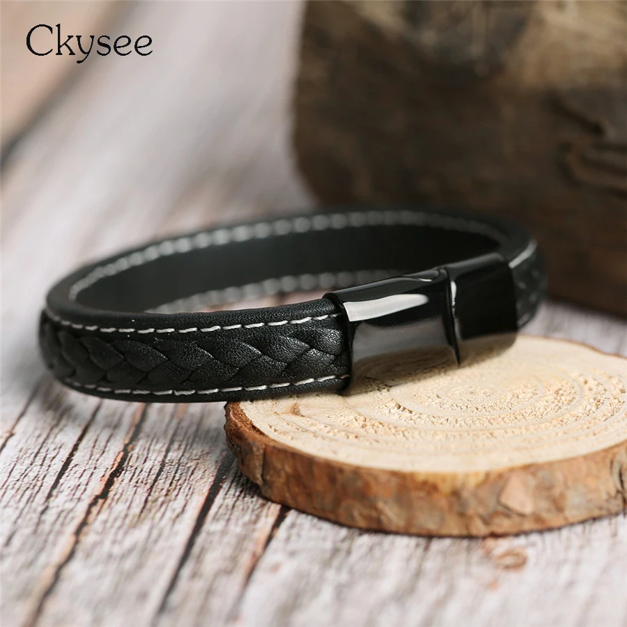 Ckysee Vintage Leather Braided Wristband Bracelet For Men Punk Black Silver Color Stainless Steel Magnetic Clasps Gifts | Украшения и